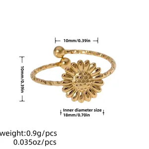 Detailed size diagram of a gold-plated daisy flower stainless steel adjustable open ring