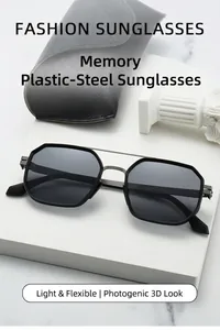 Detail view of fashion octagonal metal sunglasses with black polarized lenses