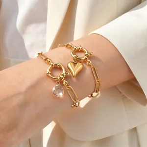 18K Gold Plated Stainless Steel Paperclip Chain Bracelet For Women Heart Pendant Zirconia Bubble Clasp Fashion Jewelry
