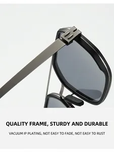 Detail of durable metal hinge and vacuum IP plating on aviator polarized sunglasses.