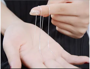 Elegant S925 sterling silver long box chain ear threads shown on hand for detail