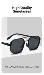 Detail shot of black metal aviator sunglasses featuring polarized UV protection lenses