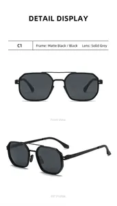Detail view of men's polarized aviator sunglasses with matte black metal frames.