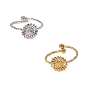 Elegant stainless steel adjustable daisy sunflower rings in gold and silver finish