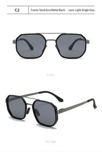 Detail view of aviator polarized sunglasses with gunmetal frame and grey lenses.