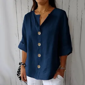Chemisier chic en coton et lin bleu marine à col en V et boutons pour femmes décontractées