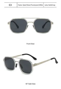 Detailed views of aviator metal sunglasses with silver frames and grey lenses