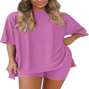 Casual purple two-piece lounge set featuring an oversized t-shirt and biker shorts