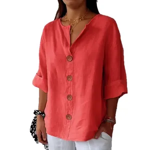 Chemise décontractée ample en coton et lin corail à col en V avec boutons pour femme