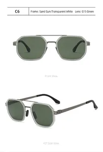 Detailed front and 45-degree side views of stylish octagonal metal aviator sunglasses.