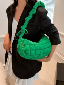 Large green quilted puffy dumpling crossbody bag for women, chic commuting shoulder bag