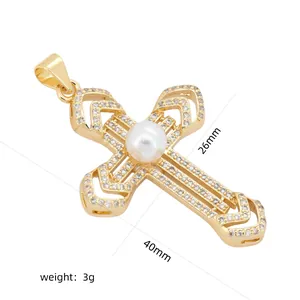 Pendentif croix en or avec perle blanche et oxydes de zirconium, taille 40x26mm
