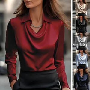 Women Cowl Neck Satin Blouse Elegant Long Sleeve Polyester Top Solid Color Office Wear Commute Shirt Soft Silky Apparel