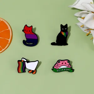 Creative Cartoon Animal Alloy Enamel Brooch Cute Black Cat White Goose Rainbow Flag Badge Clothing Bag Decoration Pin Jewelry