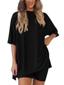 Women's Casual Polyester Spandex Pajama Set Loose Round Neck Top And Bottom Summer Short Sleeve Loungewear With Pockets