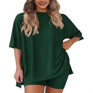 Loose dark green women's lounge set with short sleeve t-shirt and shorts