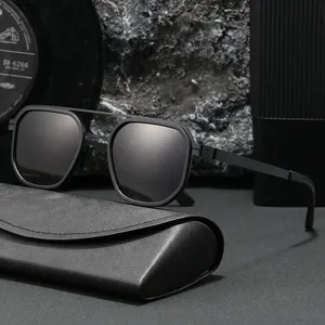 Premium men's polarized aviator sunglasses with large metal frame and leather case