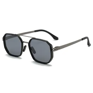 Classic oversized hexagonal metal sunglasses with double bridge and polarized lenses for men