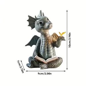 Detailed baby dragon reading book resin garden statue with 10cm height dimensions
