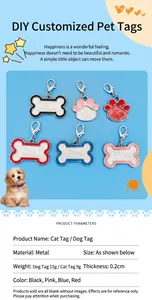 Detailed specifications of sublimation metal pet ID tags in bone and paw shapes.