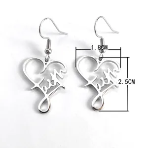 Detailed dimensions for stainless steel hollow heart faith dangle earrings in silver.