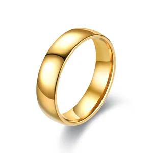 Detailed view of a polished gold stainless steel band ring with smooth curves