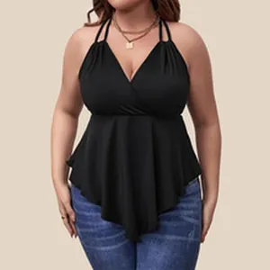 Elegant women's black halter wrap top featuring a peplum hem and deep V-neckline design.