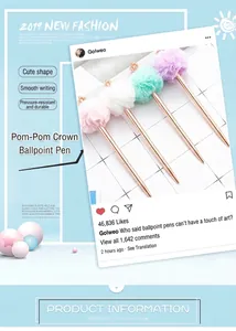 Creative metal ballpoint pen with pastel pom-pom and gold crown detail decoration