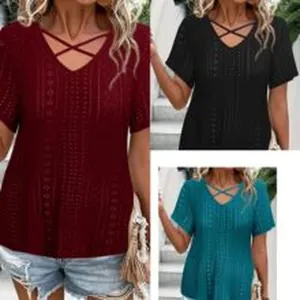 French vintage V-neck cross strap pointelle knit top for women in multiple colors