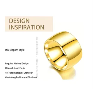Close-up detail of a wide polished gold-plated alloy band ring for men and women