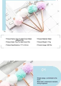 Elegant metal crown ballpoint pens with colorful soft pom-pom toppers details