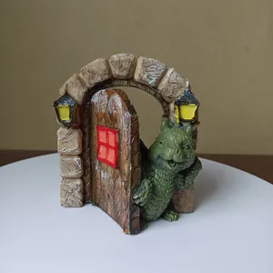 Detailed resin dinosaur opening door garden figurine ornament for outdoor patio decor