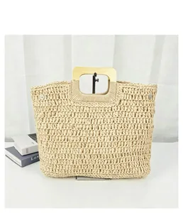 Front view of large capacity straw woven tote bag with retro wooden handles for beach trips