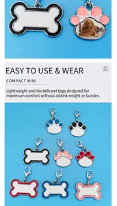 Detailed view of bone and paw shaped sublimation zinc alloy pet tags in various colors