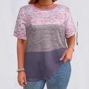 Women's plus size color-block short sleeve T-shirt featuring pink grey and navy stripes