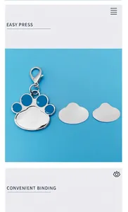Close-up detail of a paw-shaped zinc alloy pet ID tag and heat transfer stickers.
