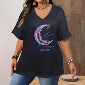 Detail view of a plus-size V-neck black T-shirt featuring a crescent moon print