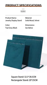 Detail of teal velvet jewelry display stand showing dimensions and material specs