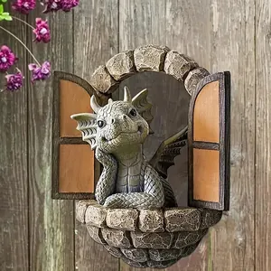 Detailed resin texture of a small dragon peering through a stone window garden statue