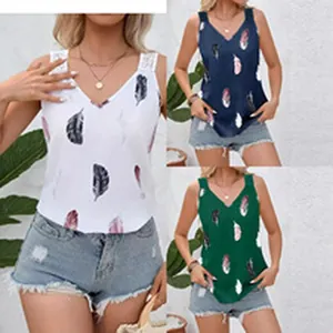Detailed view of women's sleeveless tops with feather print and lace strap accents.