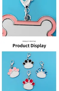 Detail of zinc alloy pet ID tags with bone and paw shapes in multiple colors
