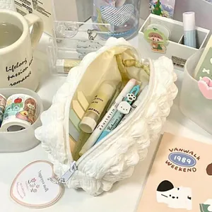 Detailed macro view of cute white puff pencil case with large capacity for stationery