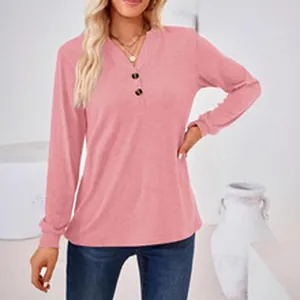 Women's casual pink long sleeve Henley shirt with V-neck and buttons styling