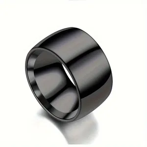 Modern unisex wide black polished alloy band ring featuring a sleek minimalist finish
