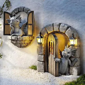 Fantasy Garden Dinosaur Statue Resin Dragon Reading Book Opening Window Door Figurine Outdoor Yard Lawn Decor Resin Ornament