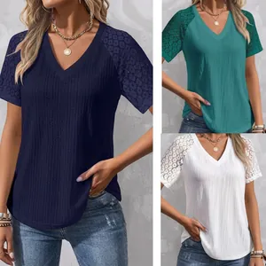 Close-up of a stylish V-neck t-shirt with delicate lace sleeves in multiple colors