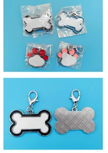 Zinc alloy sublimation pet ID tags in bone and paw shapes with metal lobster clasp.