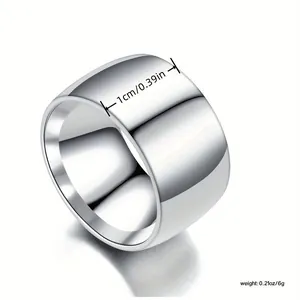 Minimalist polished wide plain silver alloy ring for men and women, 1cm width size.