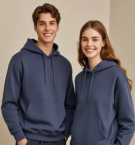 Detail of premium oversized navy blue couple hoodies with front pocket and drawstring