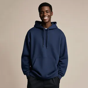 Close-up of a navy blue oversized hoodie with high-quality fabric texture.
